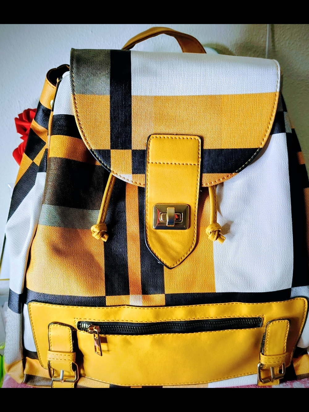 Yellow Plaid Women's Backpack with Front & Back Pocket